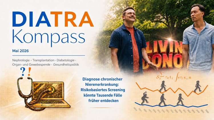 DIATRA-Kompass-Grafik Mai 2026 mit DIATRA-Logo und Collage zu Lebendspende, Nieren-Screening, Gesundheitsinformation und Organspende-Statistiken.
