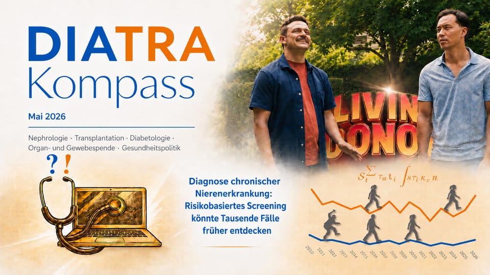 DIATRA-Kompass-Grafik Mai 2026 mit DIATRA-Logo und Collage zu Lebendspende, Nieren-Screening, Gesundheitsinformation und Organspende-Statistiken.